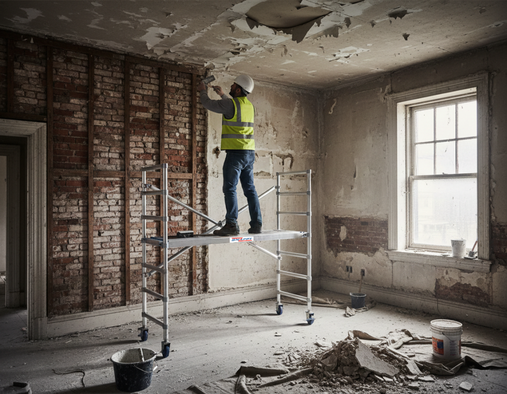 worker on SNAPPY foldable scaffolding tower